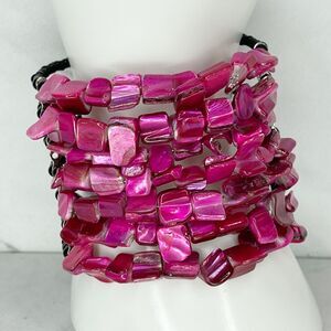Wide Black and Pink Shell Beaded Wire Cuff Bracelet